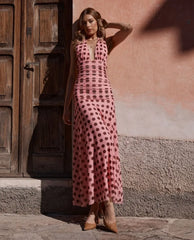 Pink Polka Dot Halter Backless Ruched Mesh Maxi Dress