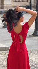 Bright Red Square Neck Flutter Sleeve Back Bow Tie Slit Maxi Dress