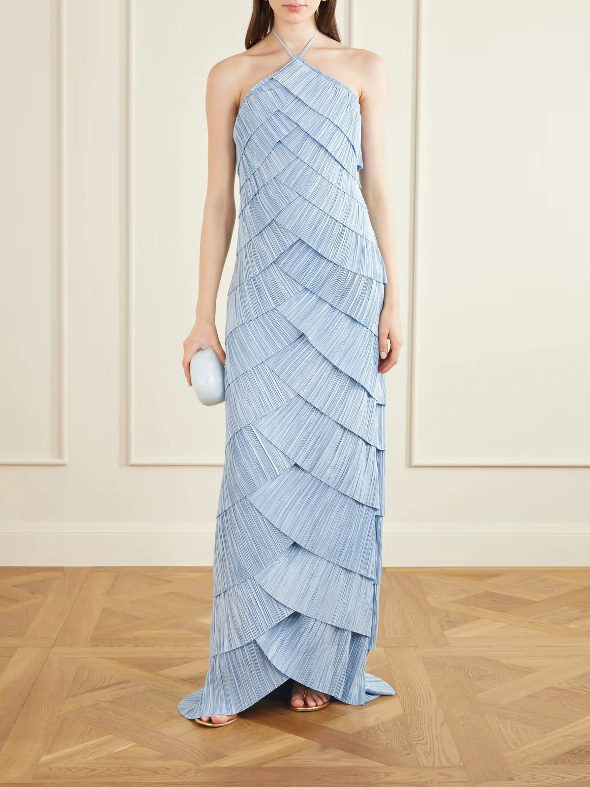 Light Blue Halter Neck Diagonal Layered Pleated Floor-Length Maxi Dress