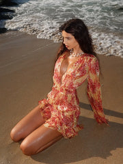 Yellow and red floral print deep V-neck long-sleeved chiffon short dress