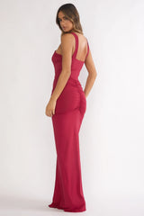 Delaina Ruched Waist Gold Accent Maxi Dress Wine