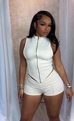 Cream Stand Collar Zip-Up Sleeveless Corset Crop Top