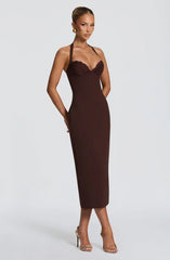 Dark Brown Halter Lace Bustier Lace-Up Backless Bodycon Midi Dress