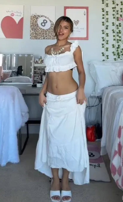 Boho White Ruffle Crop Top + Asymmetrical Flare Maxi Skirt Set | Vacation Y2K Outfit