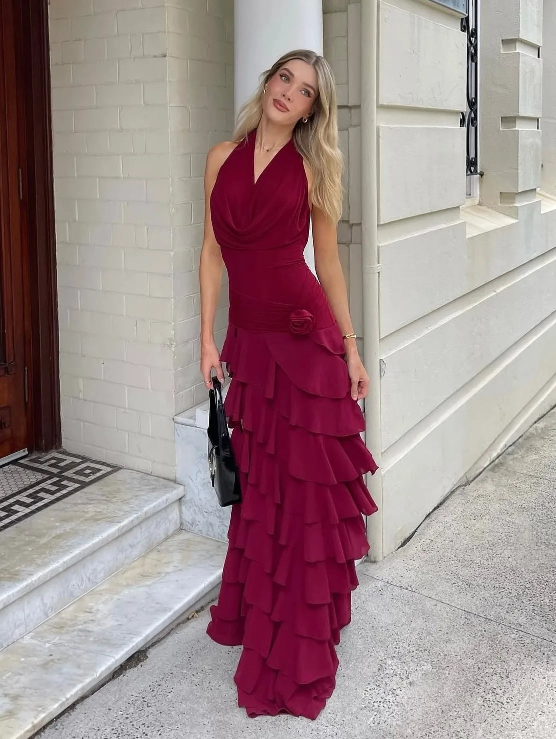 Burgundy Halter Ruched Rose Accent Ruffled Backless Maxi Dress