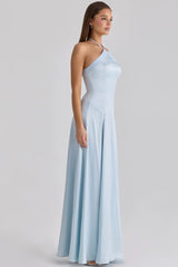 Light Blue Satin Halter Tie-Waist Flared Maxi Gown