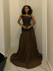 Ethnic Dot Strapless Fitted Waist Chocolate Flowy Train Maxi Dress