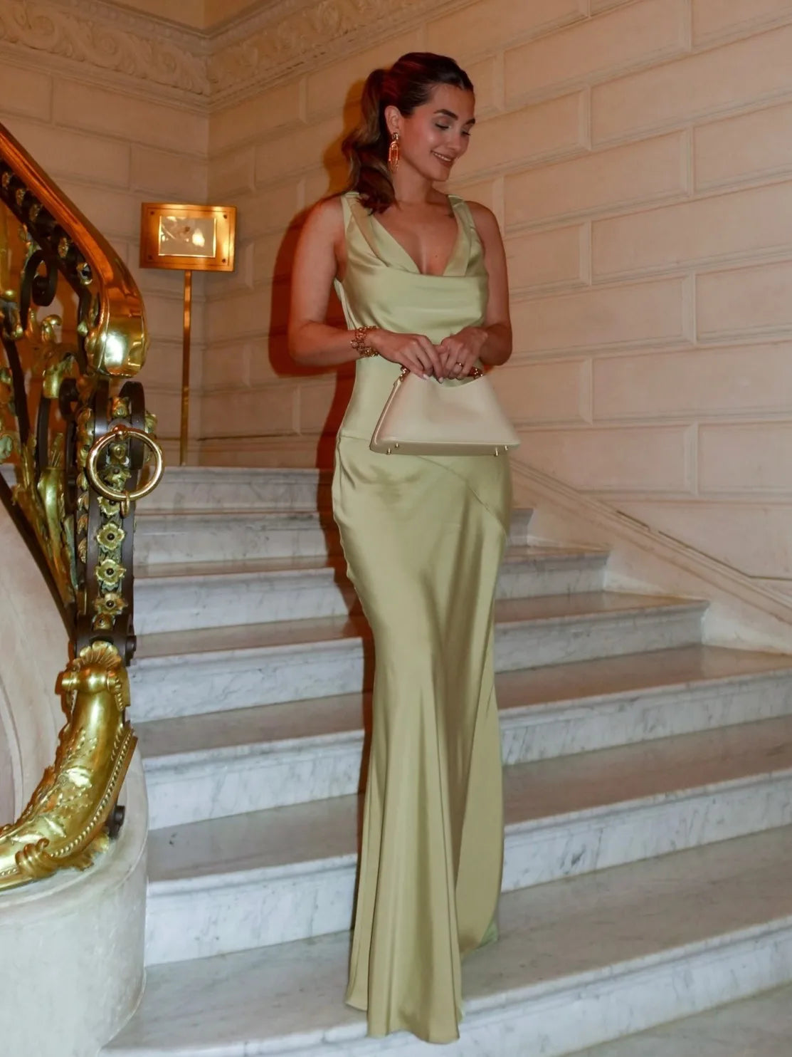 Sage Green Satin Cowl Back Sleeveless Mermaid Evening Gown