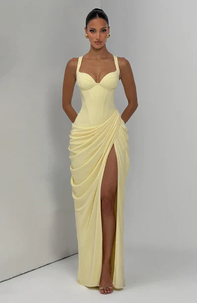 Corset Bodice High Slit Draped Gown