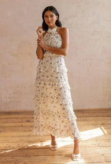 Beige Purple Floral Halter Tie-Back Backless Ruffle Maxi Dress | Vacation Style Elegant Floral Dress