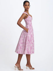 Pink Leopard Print Twist-Front Sweetheart Neck Midi Dress