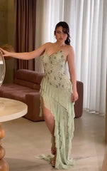 Halter Open Back Rhinestone Ruffle Asymmetrical Trailing Maxi Evening Dress