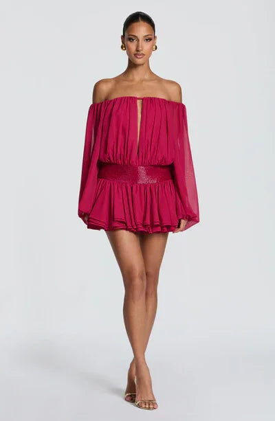 Women Off Shoulder Sheer Puff Sleeve Keyhole Front Back Tie Metallic Waist Chiffon Mini Romper