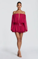 Women Off Shoulder Sheer Puff Sleeve Keyhole Front Back Tie Metallic Waist Chiffon Mini Romper