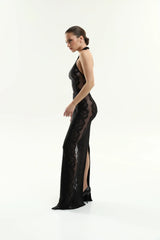 Halter Neck Lace Sheer Panel Form-Fitting Evening Gown