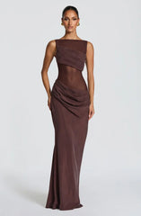 Dark Brown Sleeveless Sheer Mesh Waist Ruched Bodycon Mermaid Evening Maxi Dress