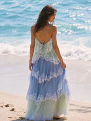 Gradient Green Blue Lace Crisscross Back Tiered Maxi Dress