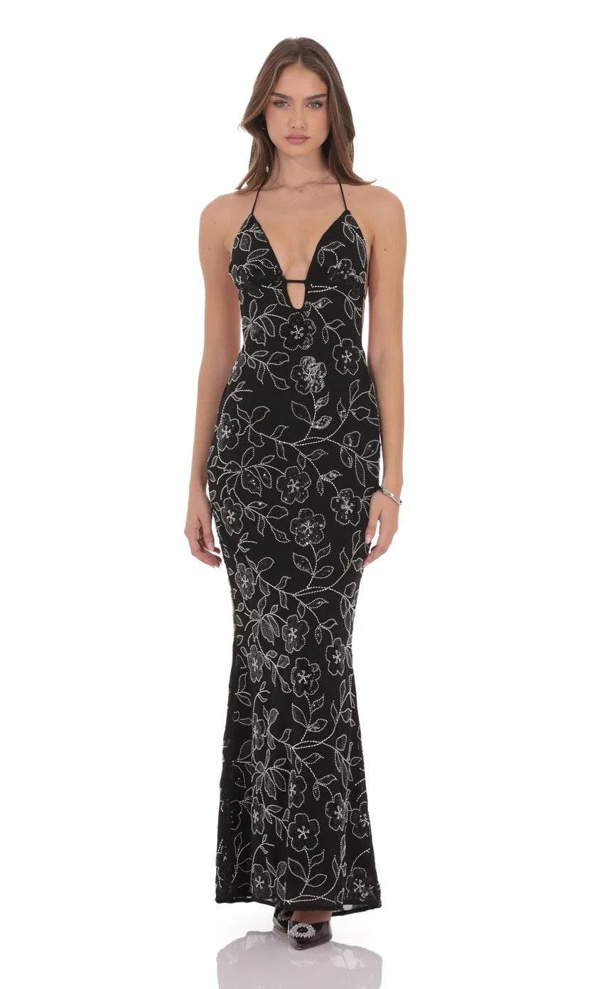 Sexy Sleeveless Halter Deep V Embroidered Dress