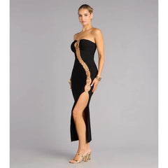 Black Strapless Metal Ring Cutout Slit Maxi Dress