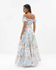Hydrangea Floral Print Off Shoulder Smocked Waist Tiered Ruffle Maxi Dress