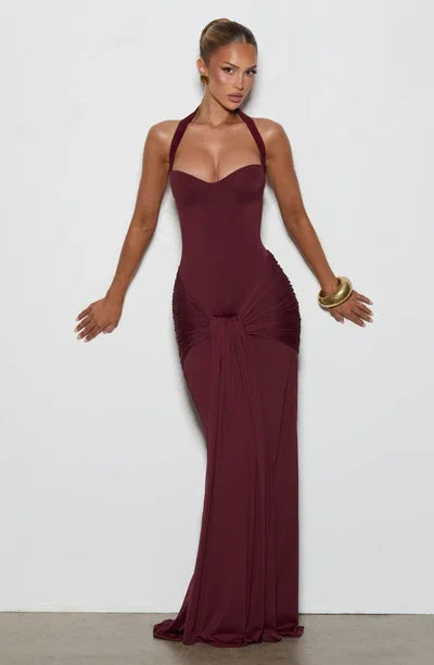 Burgundy/Black/Brown Halter Sweetheart Neck Lace-Up Back Ruched Waist Draped Bodycon Mermaid Evening Gown