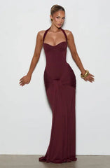 Burgundy/Black/Brown Halter Sweetheart Neck Lace-Up Back Ruched Waist Draped Bodycon Mermaid Evening Gown