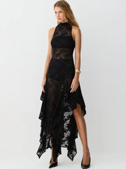 Black Lace Sheer High Neck Sleeveless Asymmetric Hem Midi Dress