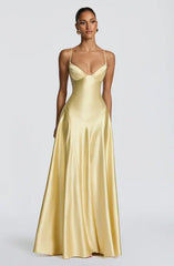 Yellow Satin V-Neck Spaghetti Strap Lace-Up Back A-Line Evening Gown
