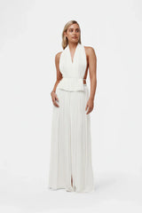 Pleated Halter V-Neck Wide-Leg Jumpsuit