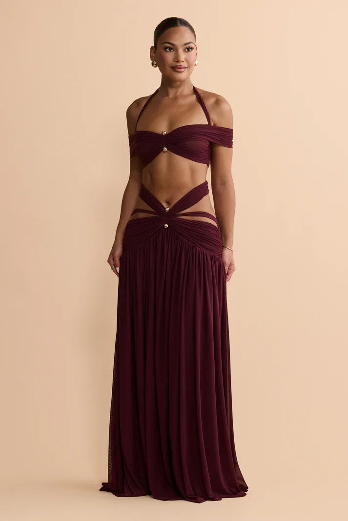 Y2K Halter Off-Shoulder Mesh Cut-Out Waist-Cinching Maxi Two-Piece Set | Sexy Backless Vacation Outfit