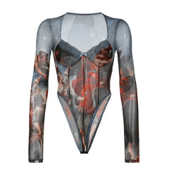 Boho Sheer Mesh Printed Long Sleeve Bodysuit Collection