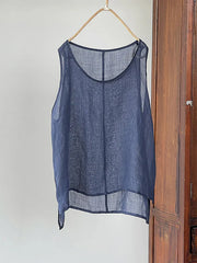 Round Neck Sleeveless Solid Color Cotton And Linen Top