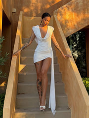 Cowl Neck Draped Sash Bodycon Mini Dress