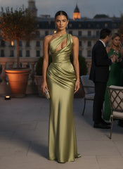 Emina One-Shoulder Satin Maxi Dress in Light Olive