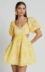 Sophia Mini Dress - Tie Back Puff Sleeve Dress in White and Yellow