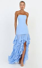 Light Blue Strapless Ruffled High-Slit Maxi Dress