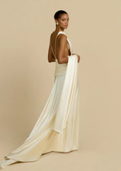 Deep V Open-Back Satin Draped Train Gown
