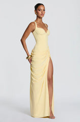 Corset Bodice High Slit Draped Gown