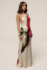 Halter Open-Back Watercolor Print Satin Maxi Dress