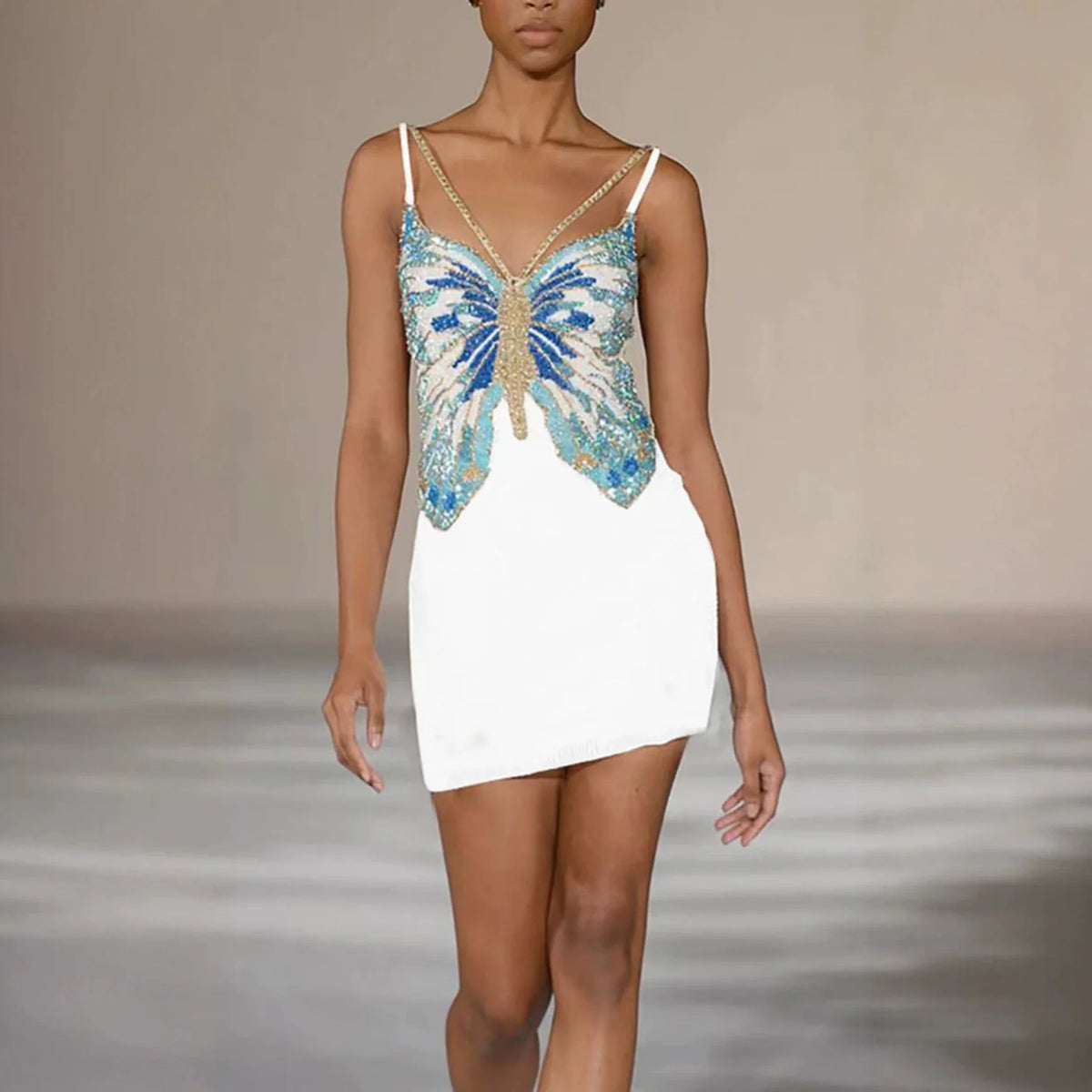 Artisan Beaded Butterfly Mini Dress with Gold Cross-Over Straps