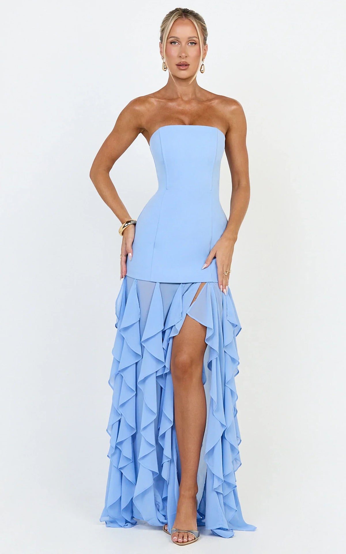 Light Blue Strapless Ruffled High-Slit Maxi Dress