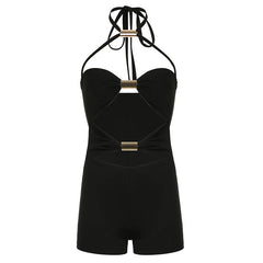 Boho Metal Buckle Halter Cutout Romper