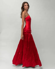 One-Shoulder Open-Back Satin Tiered Maxi Dress