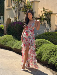 Women Thin Spaghetti Strap V Neck 3D Flower Ruffled High Slit Floral Print Chiffon High Low Maxi Dress