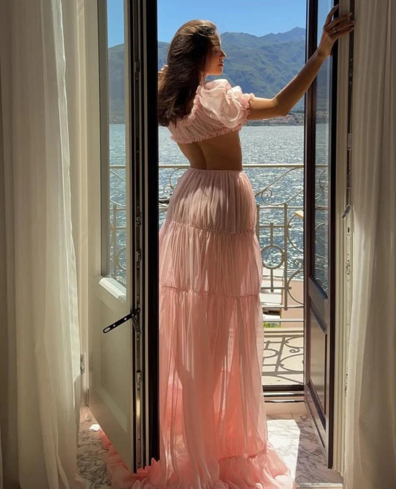 Puff Sleeve Backless Top & Tiered Maxi Skirt Set