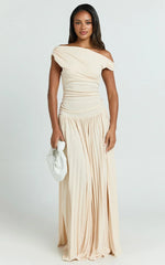 Yvonne Maxi Dress - Pleat Skirt Tip Shoulder Ruched Dress in Off White