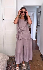 French Lazy Style Linen Cross Tie Sleeveless Top + Wide Leg Lantern Pants Set