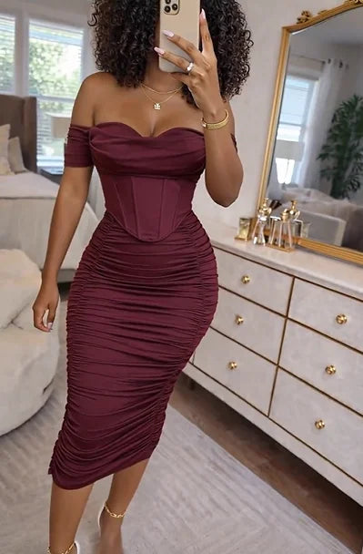 Burgundy Off-the-Shoulder Corset Ruched Midi Dress