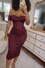 Burgundy Off-the-Shoulder Corset Ruched Midi Dress