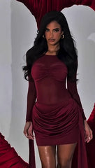 Burgundy Sheer Ruched Bust Draped Tie Waist Mini Dress